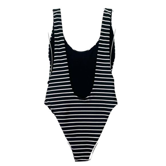 Aerie Super Scoop One Piece Swimsuit Size Large Black White Stripe Hi Cut Cheeky - Picture 3 of 15